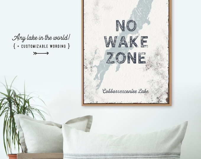 No Wake Zone Canvas Sign: Custom Lake Art, Distressed Gray