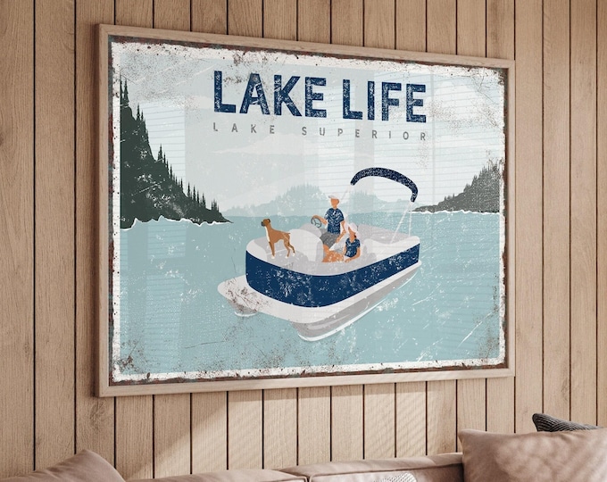 Lake House Wall Art: Dog on Boat Scene - Rustic Navy Decor