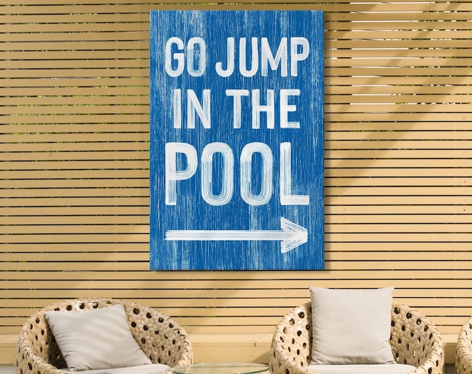 Pool Pool Decor Arrow Sign, Ocean Blue Go Jump In The Pool Wall Art, Backyard Patio Print