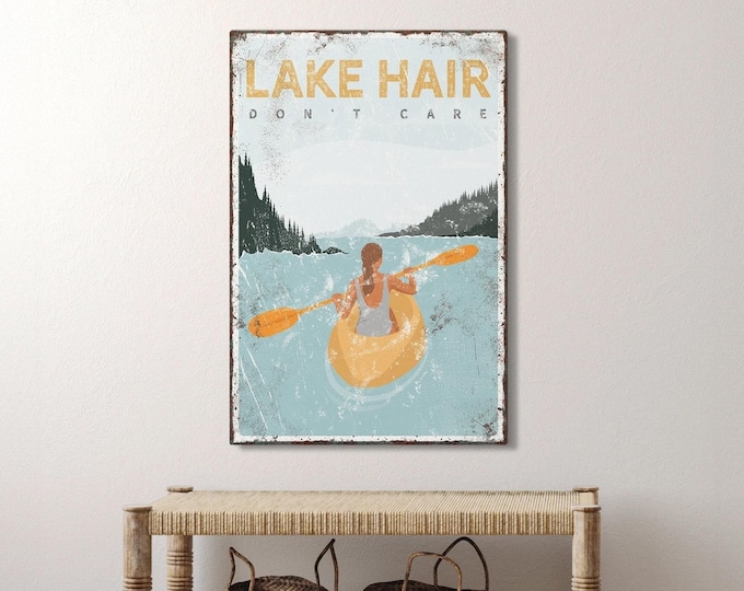 Lake hair don't care poster. Personalized kayaking poster. Oversized wall art for vintage lake house decor. Yellow kayak gift for her. {vpl}