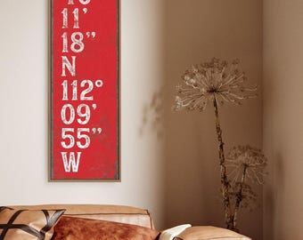 GPS Coordinates Sign, Stacked Latitude and Longitude in Red and White