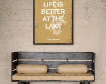 Lake Decor Lakehouse Lake Map Sign, Mustard Gold Personalized Wall Art, Vintage Cabin Gift