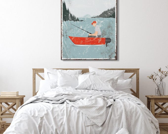 Custom Lake Sign - Vintage Fishing Boat, Distressed Nautical Decor
