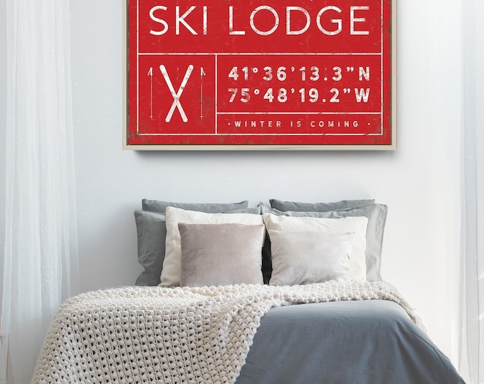 Winter Lodge Family Name Sign, Rustic Canvas (Custom Coordinates & Year)