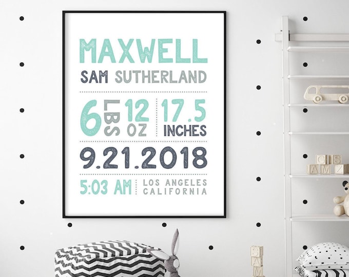 Custom Baby Birth Stats Sign: Mint and Gray Nursery Art