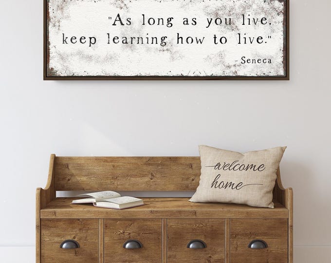 Seneca quote print, vintage keep learning sign for a reading nook