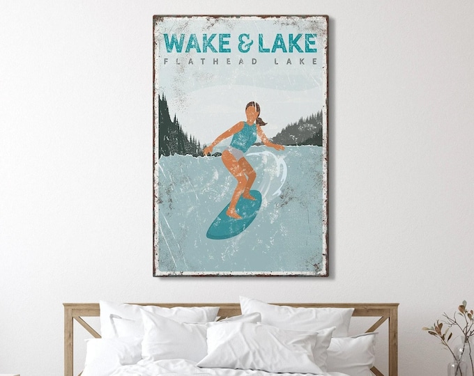 Lake House Wall Art, Vintage Style, Custom Wakesurf (Various Sizes)