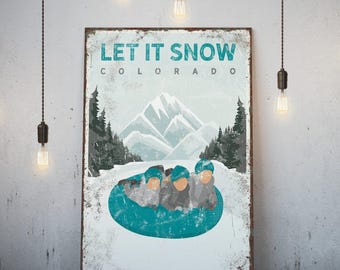 Winter Family Snow Tubing Poster, Teal Retro Style (Custom Text)