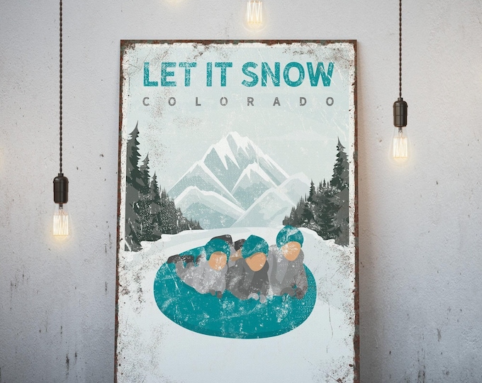 Winter Family Snow Tubing Poster, Teal Retro Style (Custom Text)