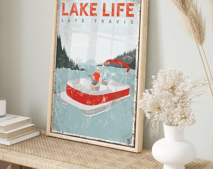 Pontoon Boat, Lake House Decor, Vintage Farmhouse, Personalized Canvas Art, Rustic Red Lake Life Poster, Wall Hanging Gift for Him {vpl}