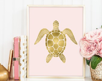 turtle poster / wall art print DIY / GOLDEN BLUSH / glitter gold and pink / nursery sign ▷digital printable sign