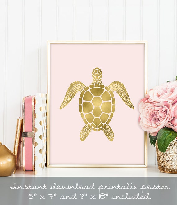 turtle poster / wall art print DIY / GOLDEN BLUSH / glitter gold and pink / nursery sign ▷digital printable sign