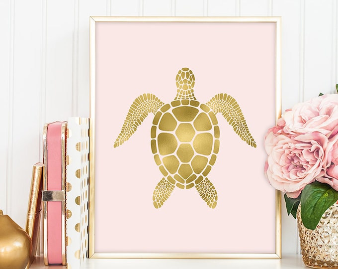 turtle poster / wall art print DIY / GOLDEN BLUSH / glitter gold and pink / nursery sign ▷digital printable sign