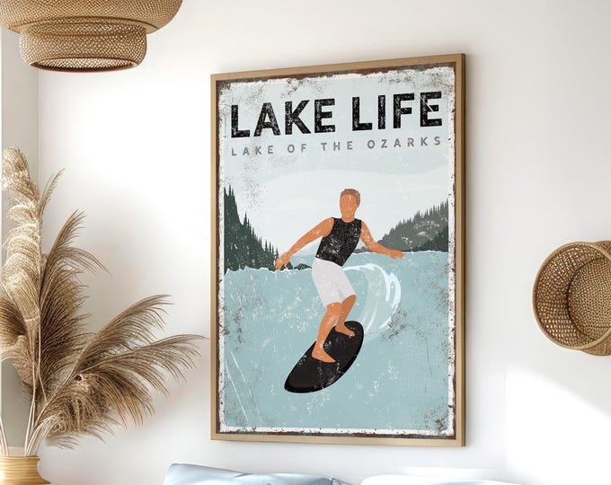 Personalized Decor, Gift for Boyfriend, Lake Farmhouse, Vintage Wake Surf Poster, Lake of the Ozarks Sign, Custom Indoor Outdoor Art {vpl}