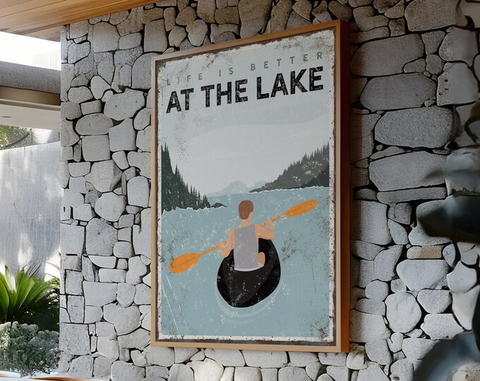 Lake Life Art, Custom Kayaking Scene, Orange Paddle Design, Gift For The Paddler At Home