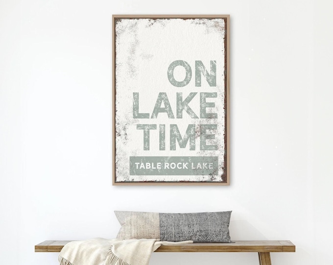 On Lake Time Wall Sign: Vintage Style, Sage Green - Framed Canvas