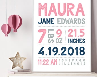 girl BIRTH STATS SIGN (printable or canvas poster) – baby stats wall art, pink navy and gray nursery name sign, baby girl gift idea