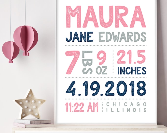 girl BIRTH STATS SIGN (printable or canvas poster) – baby stats wall art, pink navy and gray nursery name sign, baby girl gift idea