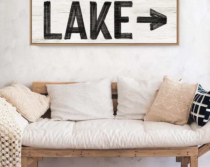 Rustic Lake House Arrow Sign - Faux Weathered Wood, Black & White
