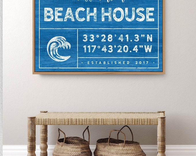 Coastal Decor Beach House Coordinates Sign With An Ocean Wave And Established Year
