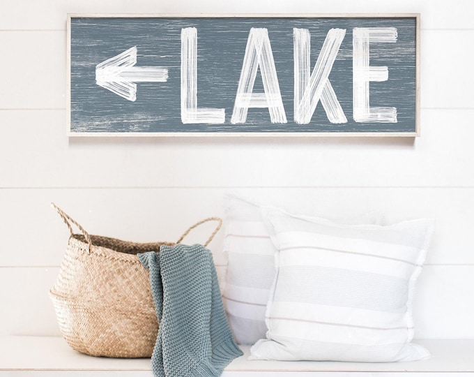 Long Horizontal Lake Sign, Slate Blue Arrow Wall Art, Custom Lake House Entryway Gift