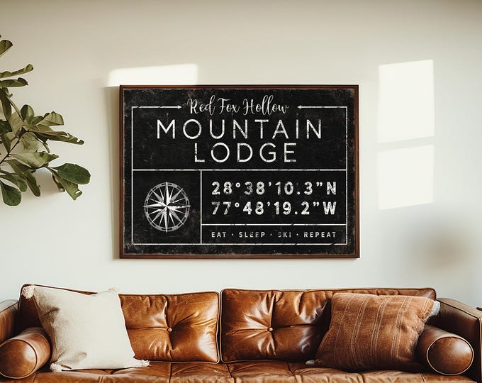 Personalized Mountain Lodge Sign: Custom Coordinates & Family Name