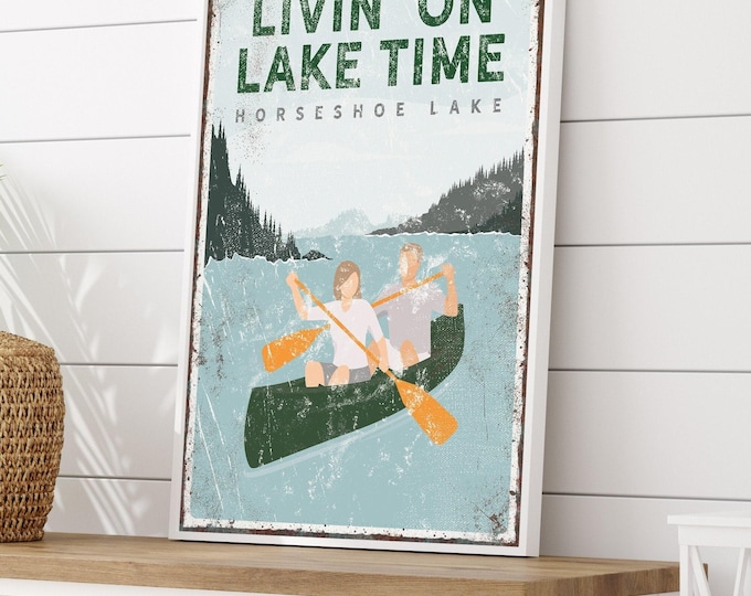 Vintage Poster, Personalized Lake, Lake House Decor, Custom Canoe Wall Art, Rustic Farmhouse Sign, Gift for Couples {vpl}