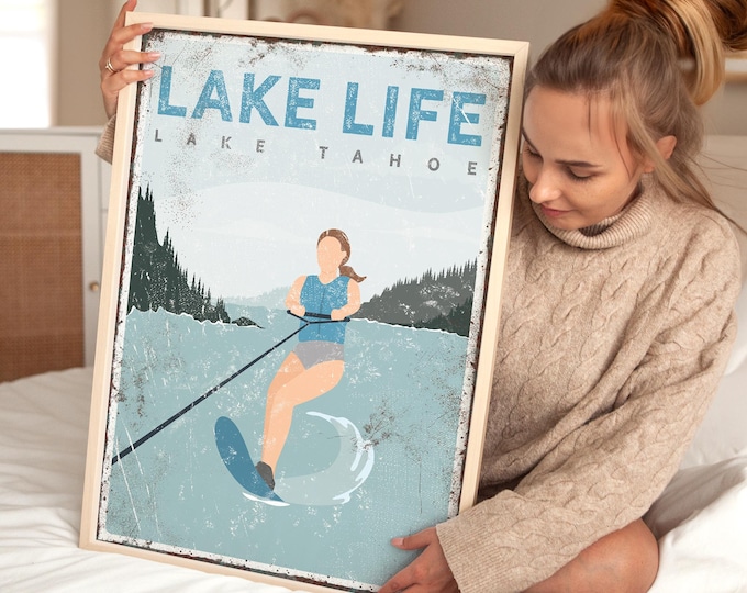 Water Ski Decor, Lake Life Poster, Personalized Lake Art, Vintage Tahoe Sign, Retirement Gift Idea, Cerulean Blue Skiing Wall Print {vpl}