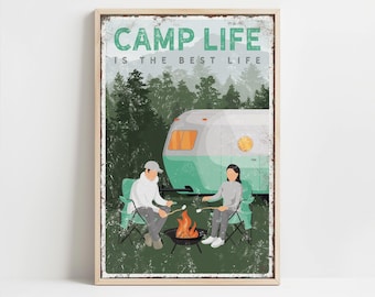 Camp life sign for the gift for camper crowd, retro trailer print with campfire glow