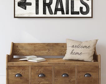 Vintage Lodge Trails Sign: Black & White Arrow, Faux Weathered Wood