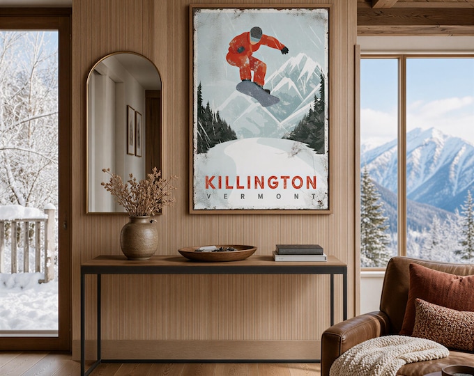 Killington Ski Sign, Burnt Orange Snowboarder Wall Art, Personalized Lodge Decor