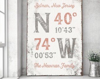 personalized COORDINATES gift >  custom last name sign, pink and gray wall art for modern farmhouse decor, rustic farmhouse canvas {gpw}