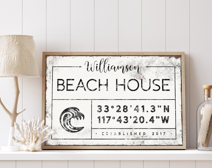 Beach House Sign, Custom Coordinates, Ocean Wave Art, Personalized Framed Canvas, Last Name Wall Decor, Coastal Home Gift {gdw}