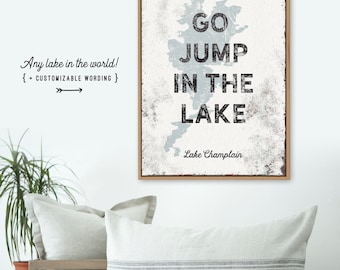 Lake House Sign, Rustic Wall Art 'Go Jump in the Lake' (Custom Colors & Sizes)