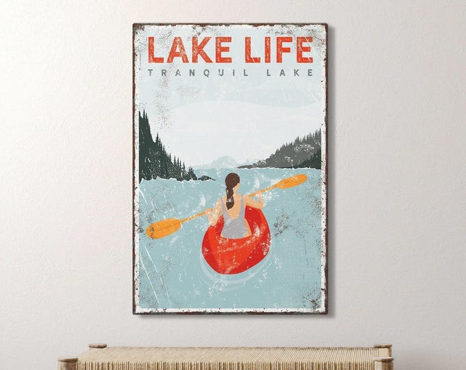 Kayak Lake Sign, Red Kayak Lake Life Wall Art, Kayak Lovers Lake House Gift