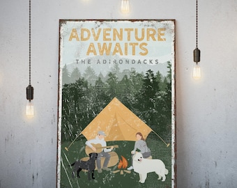Personalized Camping Poster, Dogs, Labrador & Great Pyrenees (Custom Text)