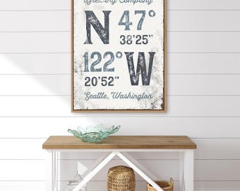 Personalized Coordinates Art Print: Family Name, Navy Blue Rustic Style