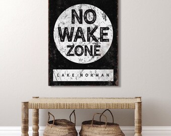 No Wake Zone Lake Sign: Rustic Black and White - Framed Canvas Art