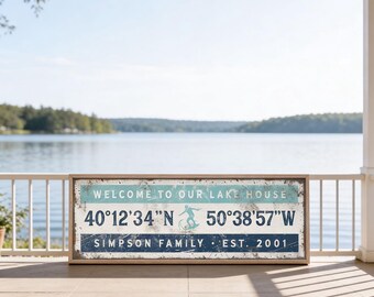 Personalized Lake House Coordinates Sign: Vintage GPS Wall Art