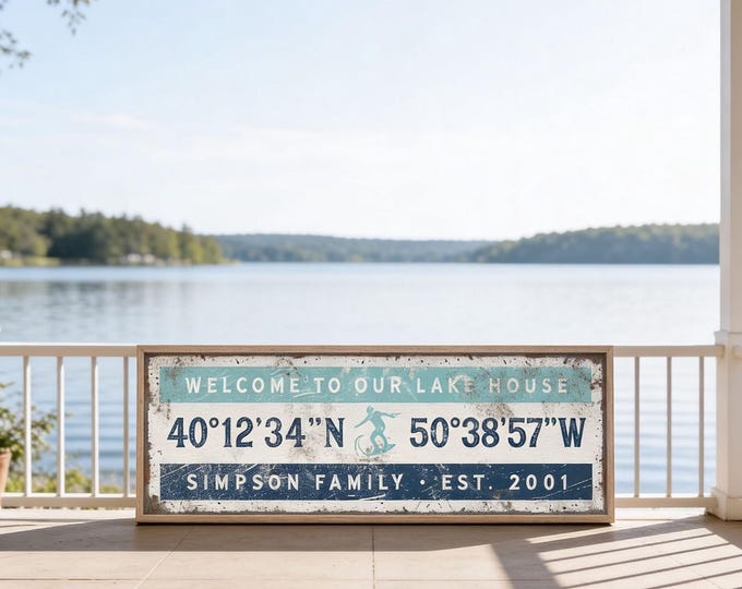 Personalized Lake House Coordinates Sign: Vintage GPS Wall Art