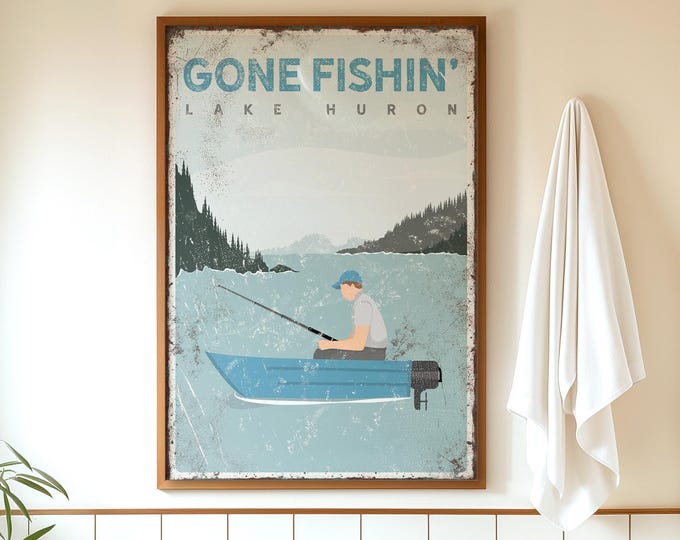 Gone Fishin' Wall Art: Vintage Lake Print (Customizable Text)
