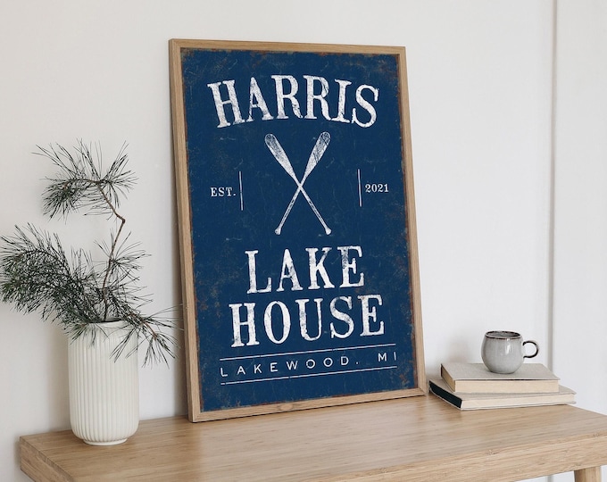 Canoe Paddles Lake House Sign, Navy and White, Personalized with Your Family Name