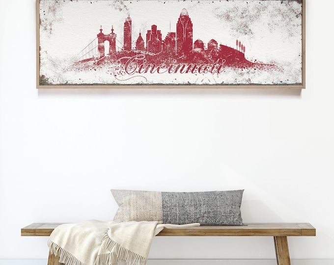 Cincinnati Skyline Sign: Extra Large Vintage Red and White - Ohio Canvas