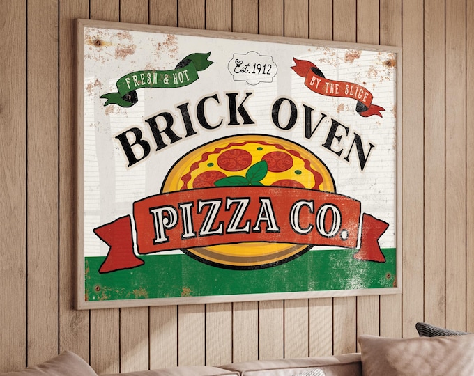 Bakery Sign, Brick Oven Pizza Co Vintage Badge Kitchen Wall Art, Restaurant Decor
