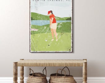 vintage GOLF LIFE sign  personalized female golfer canvas for beach house decor, golf gift for her, Florida Country Club golfing art {vpg}