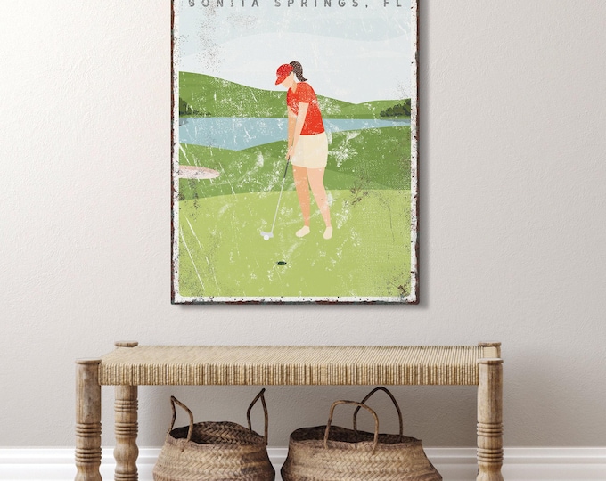 vintage GOLF LIFE sign  personalized female golfer canvas for beach house decor, golf gift for her, Florida Country Club golfing art {vpg}