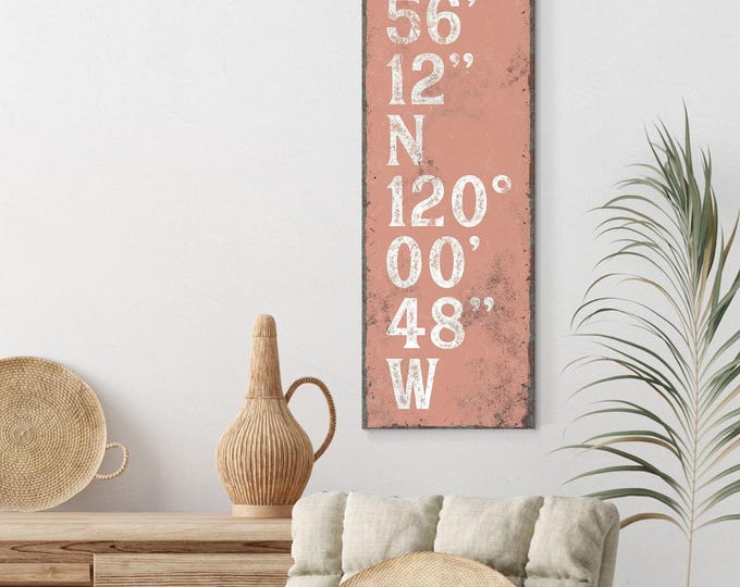 Retro coral pink coordinate gift, custom stacked GPS coordinates sign