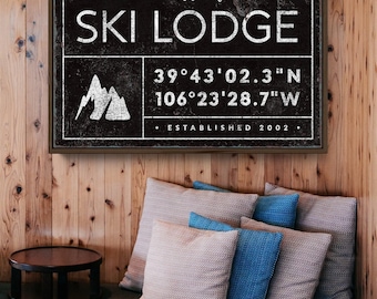 Ski Lodge Wall Art, Rustic Canvas (Personalized Family Name & Coordinates)