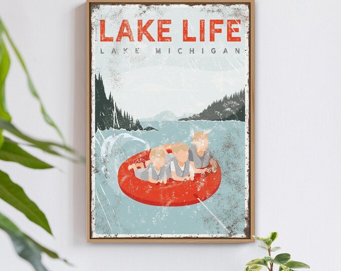 Lake Life Canvas Sign, Vintage Red Accent (Custom Text Available)