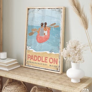 vintage beach KAYAK sign, retro PADDLE ON poster, couple kayaking on the ocean, Kennebunk Port Maine canvas print, fun gift for couple {vpb}